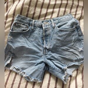 Agolde Parker Long Light Blue Distressed Jean Shorts